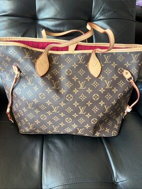 NO BRAND Brown Monogram Canvas Tote with Pink Lining